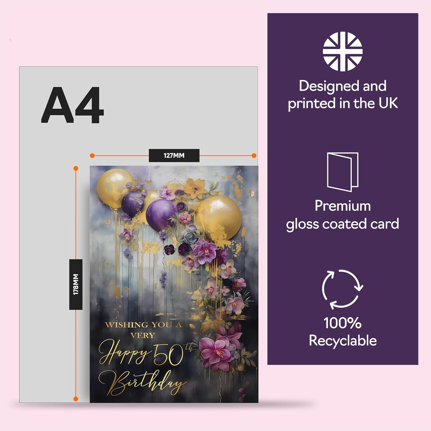 Beautiful Gold 50th Birthday Cards for Women Men - Golden Party Balloons - Elegant Traditional Pretty Birthday Card for 50 Year Old Woman Man Her Him, A5 Gorgeous Greeting Cards Gift