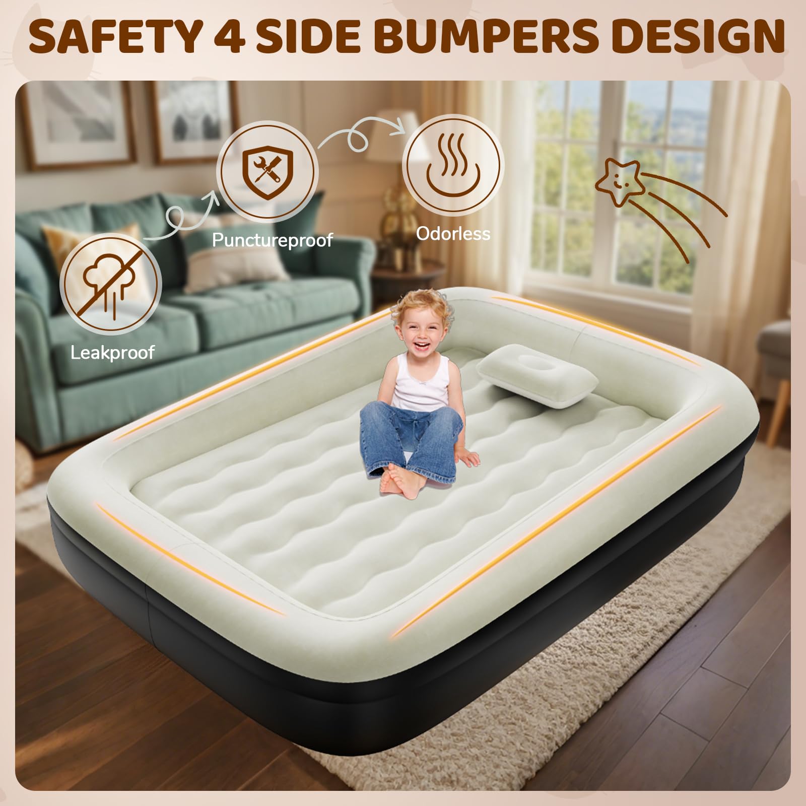 Abdtech Inflatable Toddler Travel Bed - 60 Inches Portable Toddler Air Mattress with Four Safety Sides - High-Speed Pump and Carry Bag - Comfortable Mattress & Easy to Inflate and Deflate - Black