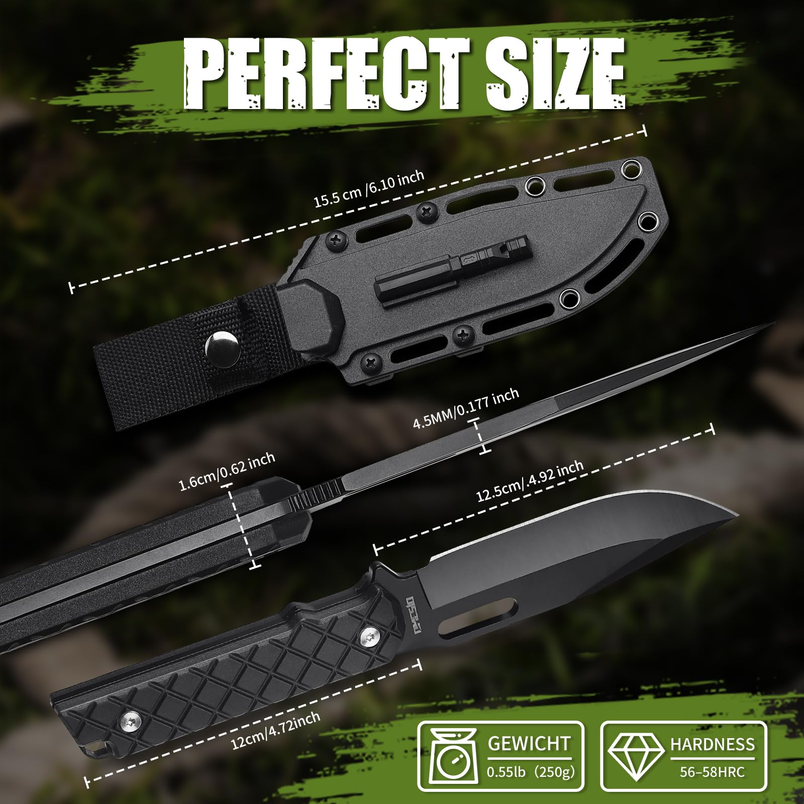 Omesio L-PJ21 Cuchillo de Supervivencia Full Tang con Funda Kydex, Acero 5CR13MOV, Pedernal y Paracord, Cuchillo Bushcraft Fijo para Camping, Senderismo, Caza y Outdoor