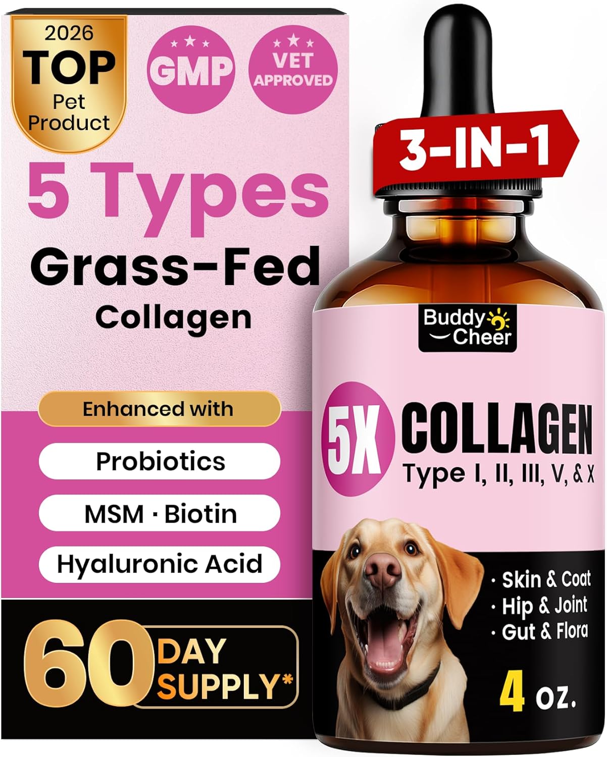 Premium Collagen for Dogs & Cats – 5 Types of Grass-Fed Collagen (I, II, III, V & X), Fast Allergy & Itch Relief Dog Colágeno with MSM, Biotin & Hyaluronic Acid – Supports Healthy Skin & Joints –120ml