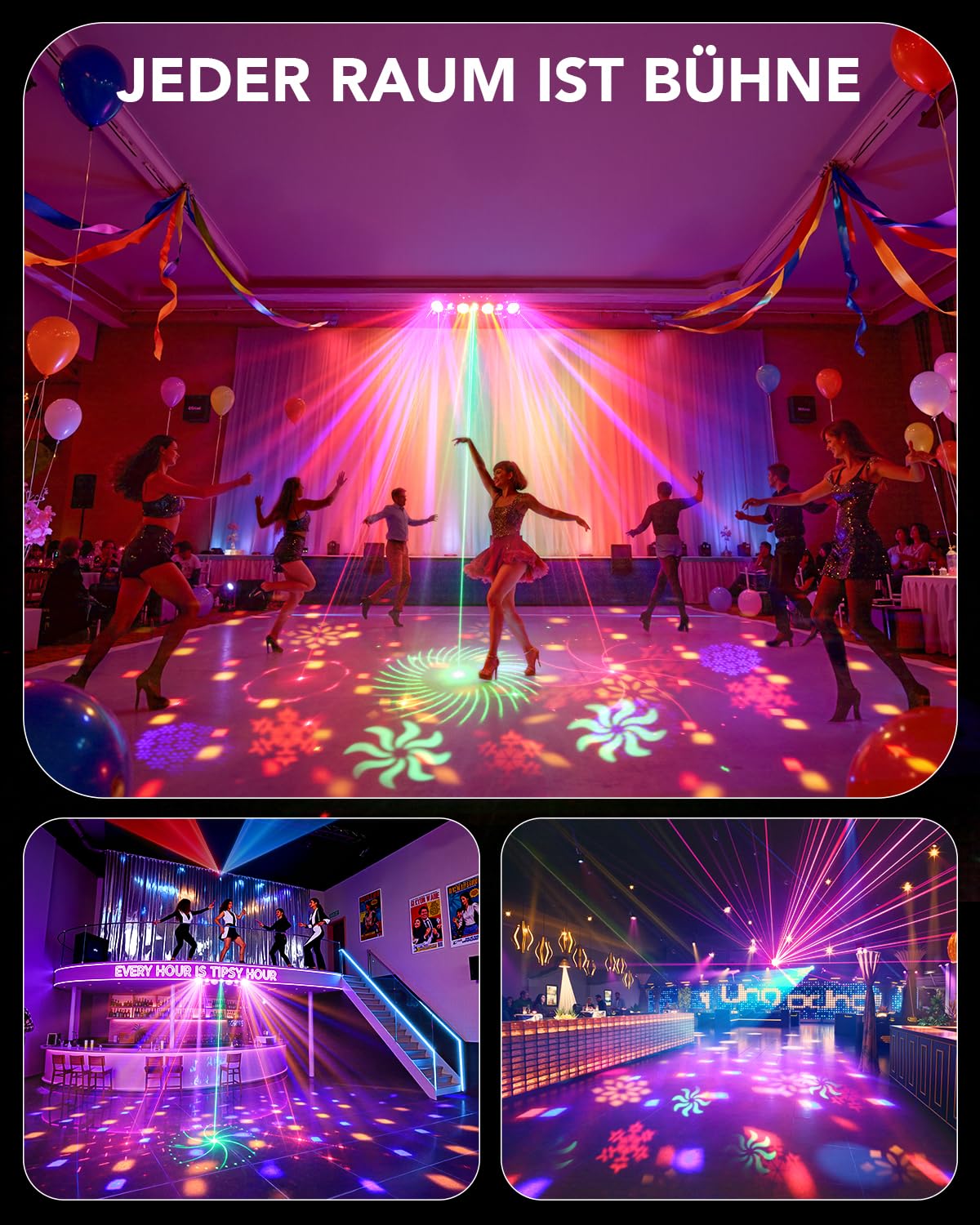 KeoBin All-in-One Schneeflocken Discolicht partylicht mit RGB & UV | Rotierende Muster, Musiksteuerung, Strobe, 3 Soundmodi, 4 Auto-Programme, DMX512, Party, Bar, Club & Weihnachtsdeko