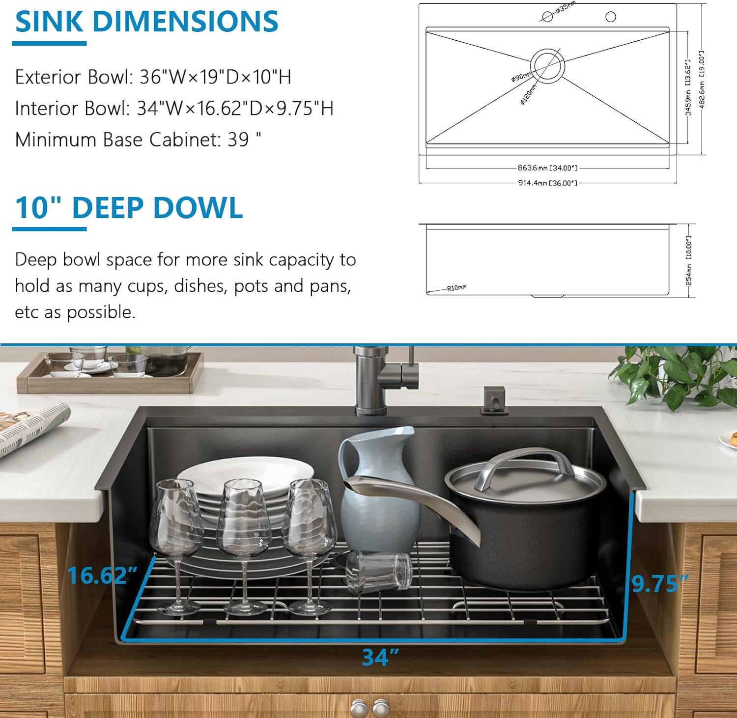 36 Black Kitchen Sink Drop In - Donsdey 36x22 Inch Kitchen Sink Ledge Workstation Gunmetal Black NANO-PVD Drop In Topmount 16 Gauge Stainless Steel Single Bowl Over Mount Sink Basin