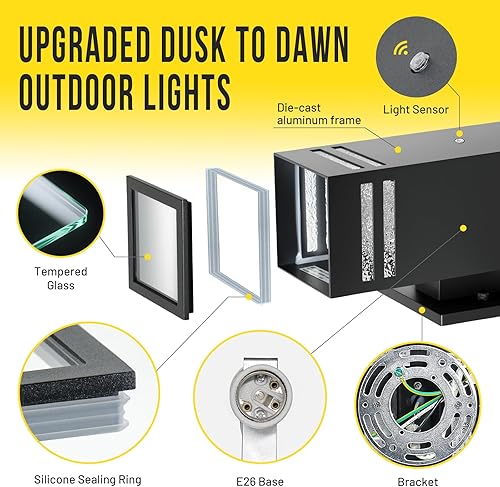 Miniatura 21 de Paquete de 2 lámparas de pared modernas para exteriores, del atardecer al amanecer, impermeables, color negro mate, luces LED de 2700 K