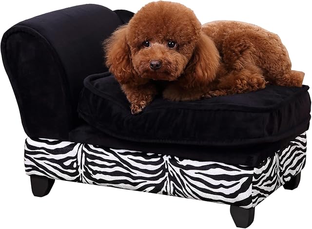 PawHut Pet Sofa, Dog Bed, Cat Lounger with Storage and Cushion - Black, Zebra Stripe Print