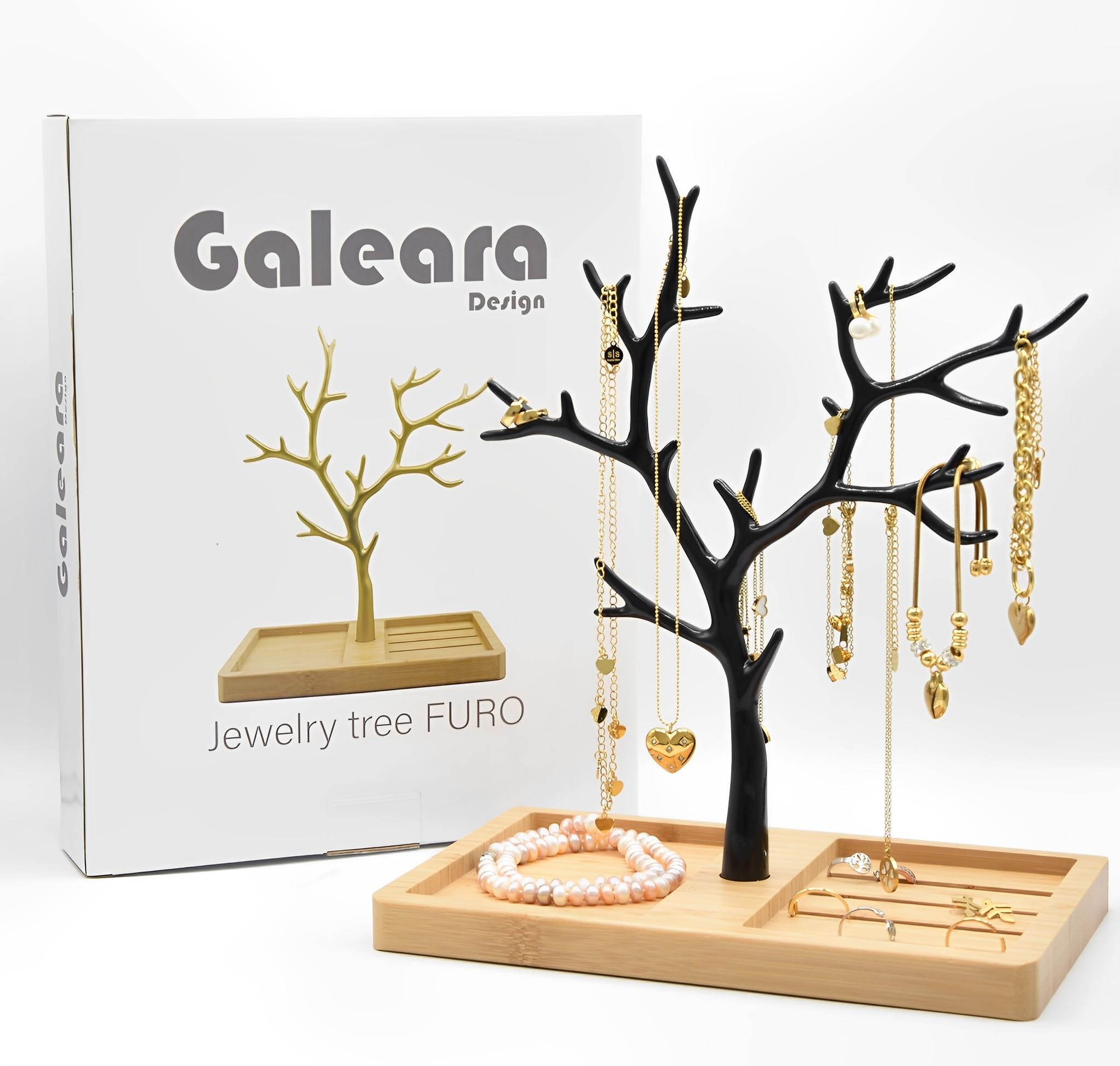 Árbol de joyas – Portajoyas – Expositor de joyas – Collar con pulsera anillo de pendientes (Furo bambú negro)