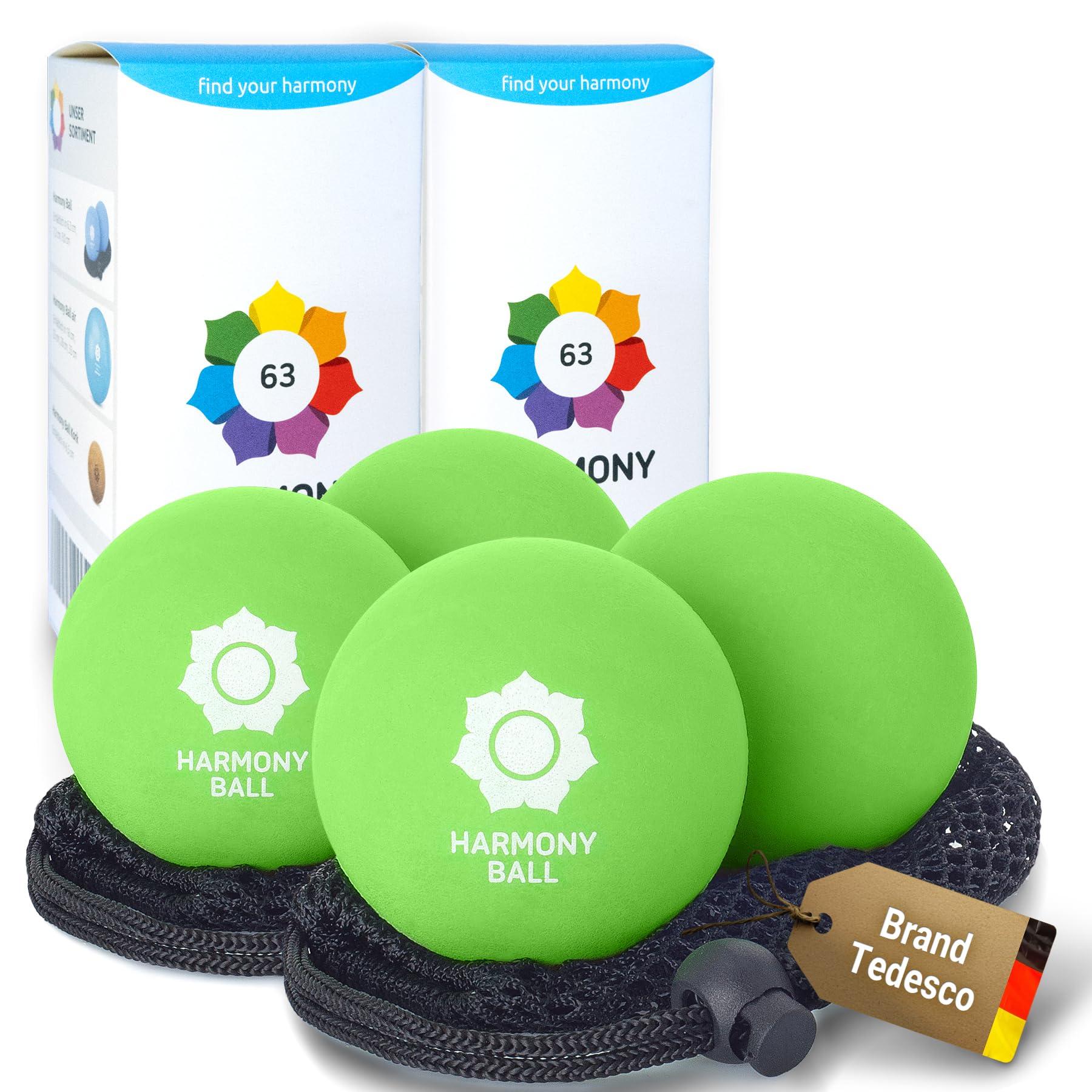 Pallina da massaggio in caucciù naturale, set da 2 pezzi, conrete inclusa, dimensioni delle palline 6,3 cm/7,2 cm, piacevolmente flessibile, ideale per automassaggi e massaggi delle fasce muscolari