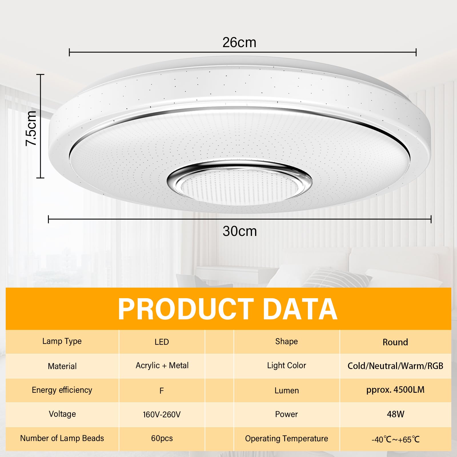 OGVDOE 48W Plafoniera LED Soffitto Dimmerabile Ø30CM Lampada da Soffitto RGB con Altoparlante Bluetooth Plafoniera LED RGB con Telecomando e Controllo APP per Bagno Soggiorno Camera da Letto