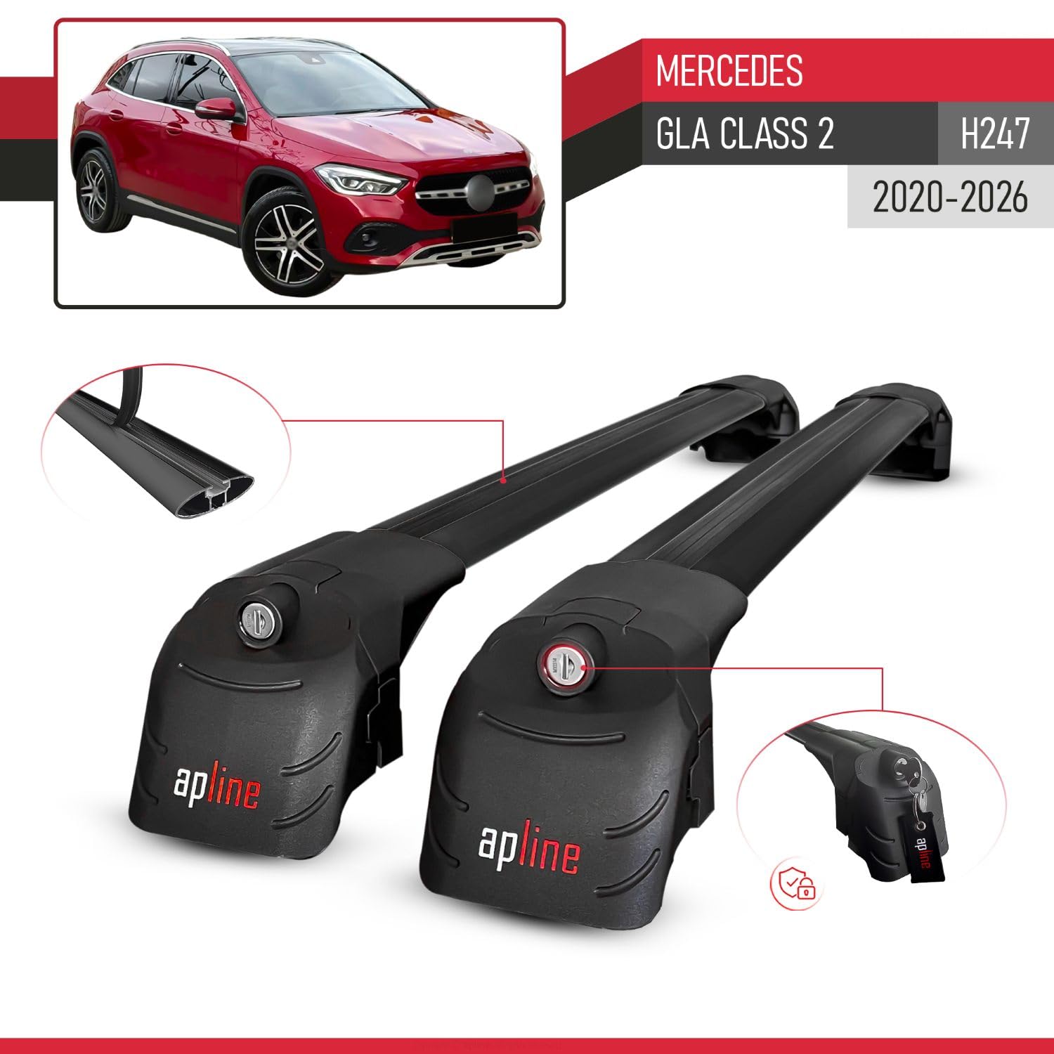 Compatible con Mercedes GLA Class 2 (H247) 2020-2026 Modelo Ace-2 Barra de Techo Auto Portaequipajes Barras Transversales Negro Aluminio 2 Barras