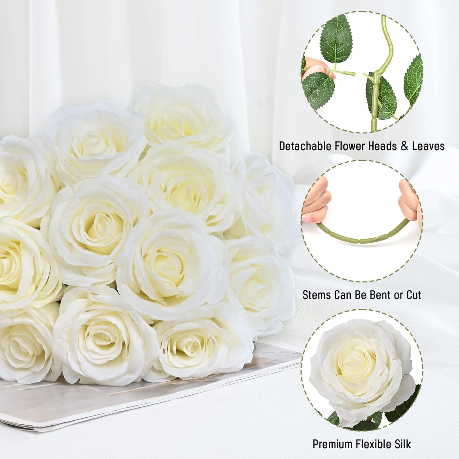 Waipfaru 8 Pcs Fake White Roses Artificial Flowers Bulk, Real Touch Silk Faux Roses with Long Stems for Wedding Bouquet Vase Flower Arrangement Table Centerpieces Home Decor (White) - Image 3