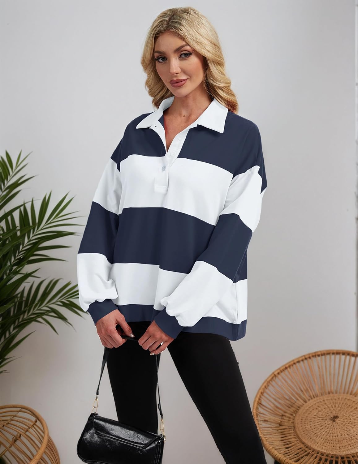Womens Striped Color Block Polo Sweatshirt Rugby Shirt Oversized Long Sleeve Lapel Corllared Pullover Blouses - Image 3