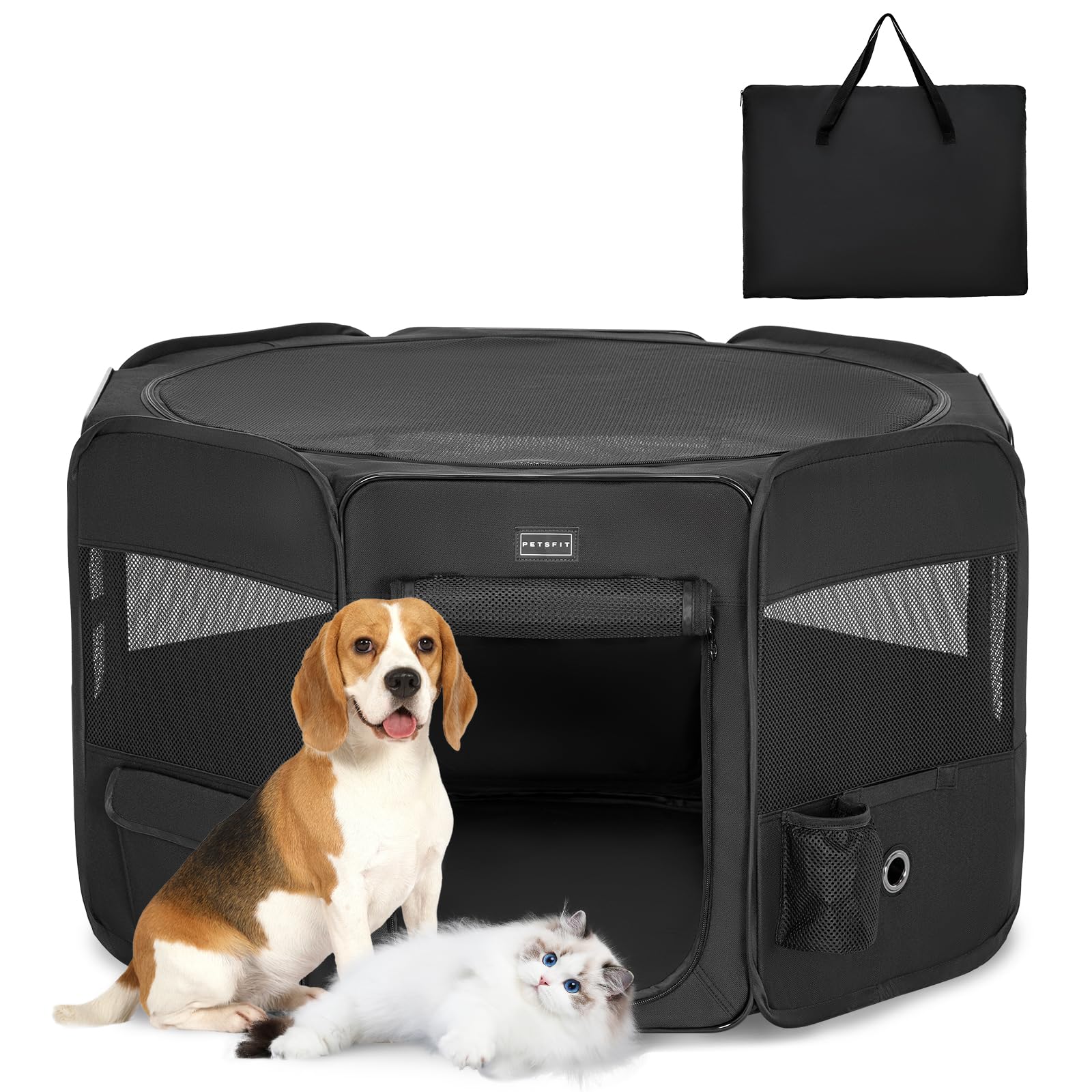 PETSFIT Foldable Puppy Dog Cat Dog Playpen for Small Animals Dog Playpen with Waterproof Base, Chew Design Pop-up System, Black, M, 92 x 84 x 53 cm Global Recycled Standard Global Recycled Standard Global Recycled Standard