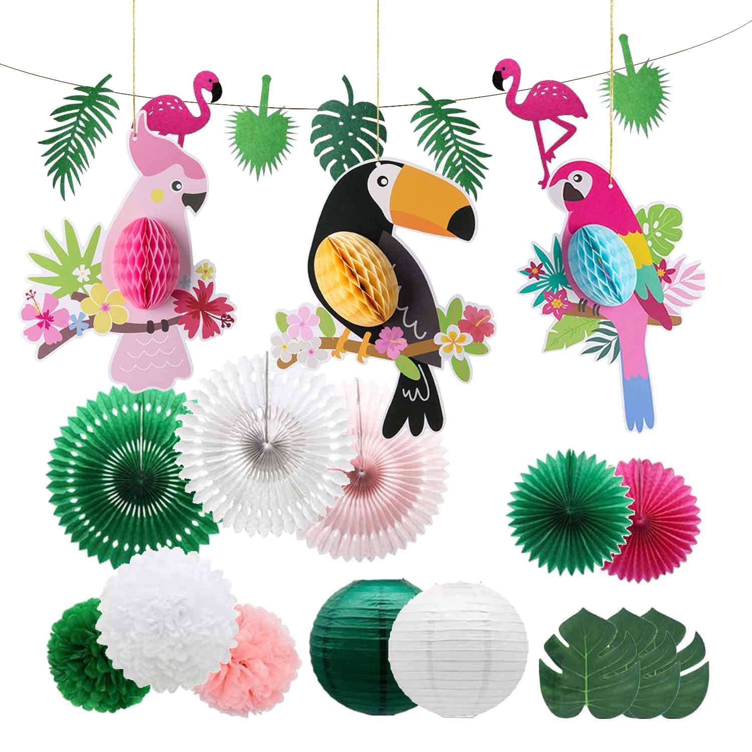 17pcs Hawaiian Flag Decorations, Plant Parrot Banner Hanging, Green Party Decorations, Tropical Jungle Decorations for Birthday, Beach Party, Jungle Theme Party