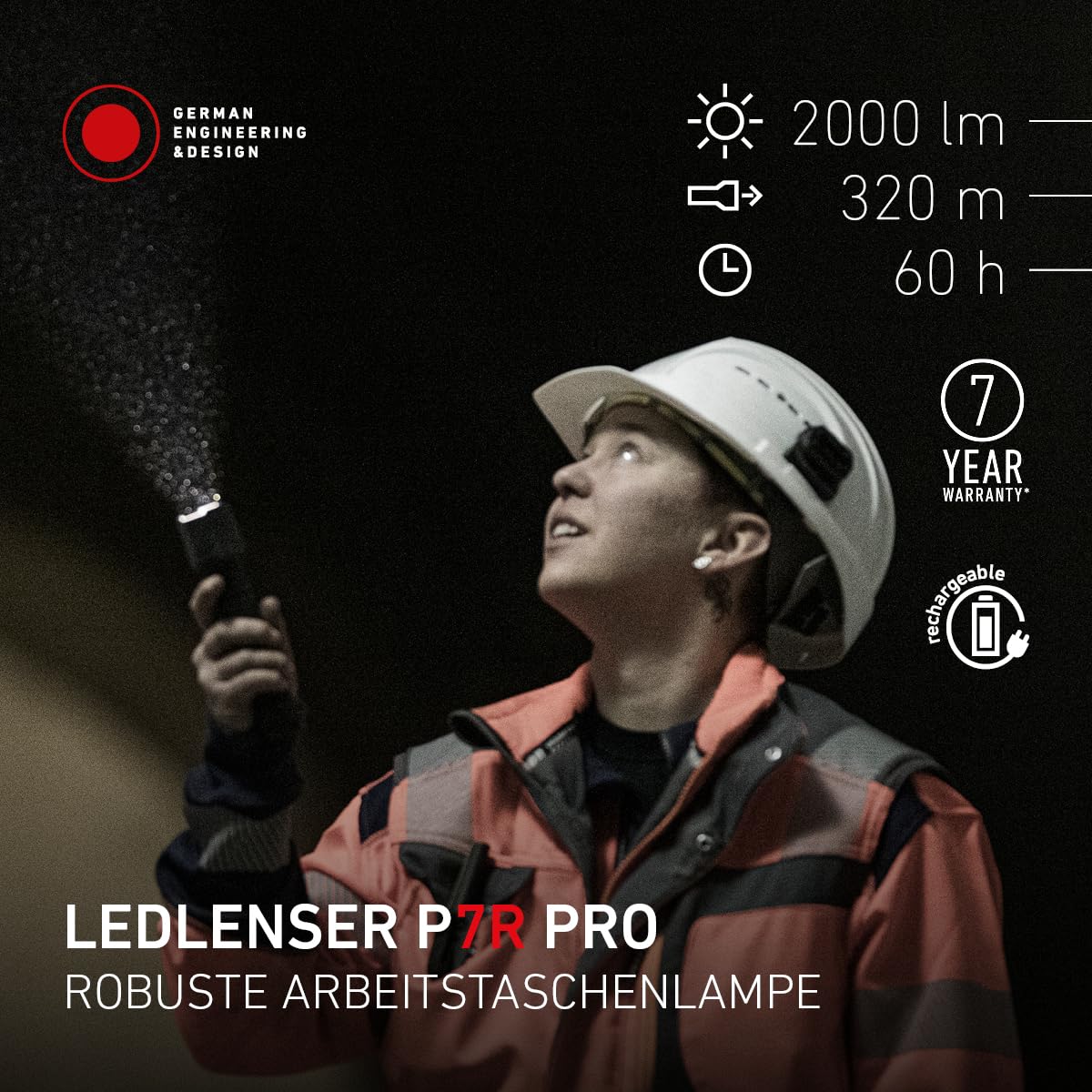 Ledlenser P7R Pro LED Taschenlampe, wiederaufladbar, 2000 Lumen, 320m Fokus, 8 Modi, hoher CRI, USB-C, IP68 wasserdicht, 60 Stunden Betriebszeit, Werkstattlampe für Mechaniker, Garage, professionelles