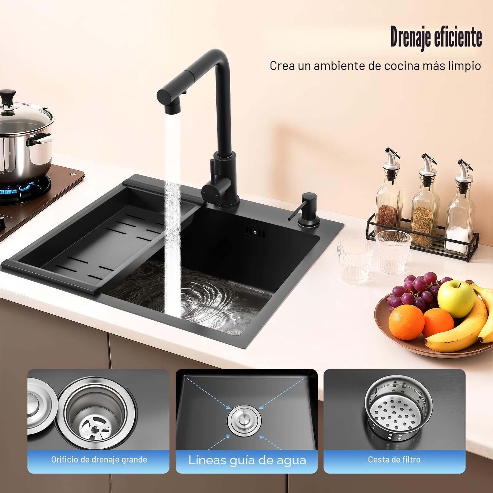 Fregadero de cocina de acero inoxidable de 50 x 45 cm, 1 lavabo, color negro con grifo extensible, con dispensador de jabón, cesta colador, tubo de desagüe