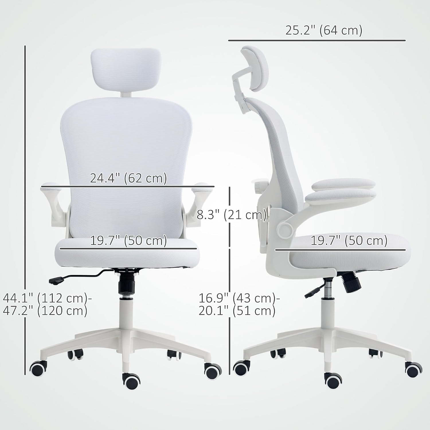 Diagram with detailed dimensions of the Vinsetto office chair