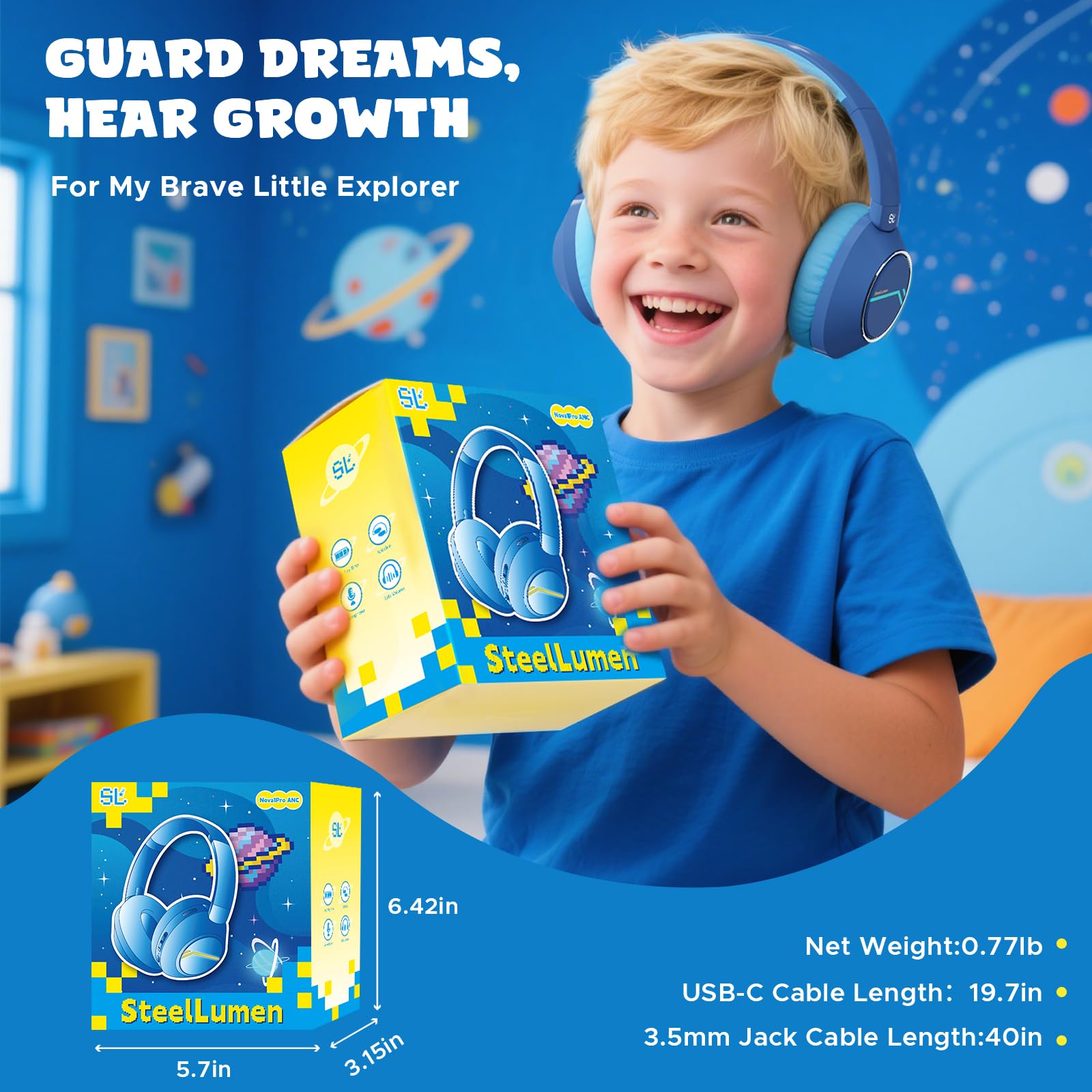 Steellumen Nova1Pro Kinder Kabellose Kopfhörer mit aktiver Geräuschunterdrückung, Bluetooth 5.4, 40H Spielzeit, Lautstärke begrenzt 75/85/94dB, Typ-C Schnellladung, Mikrofon, Faltbar für Schule/Reisen