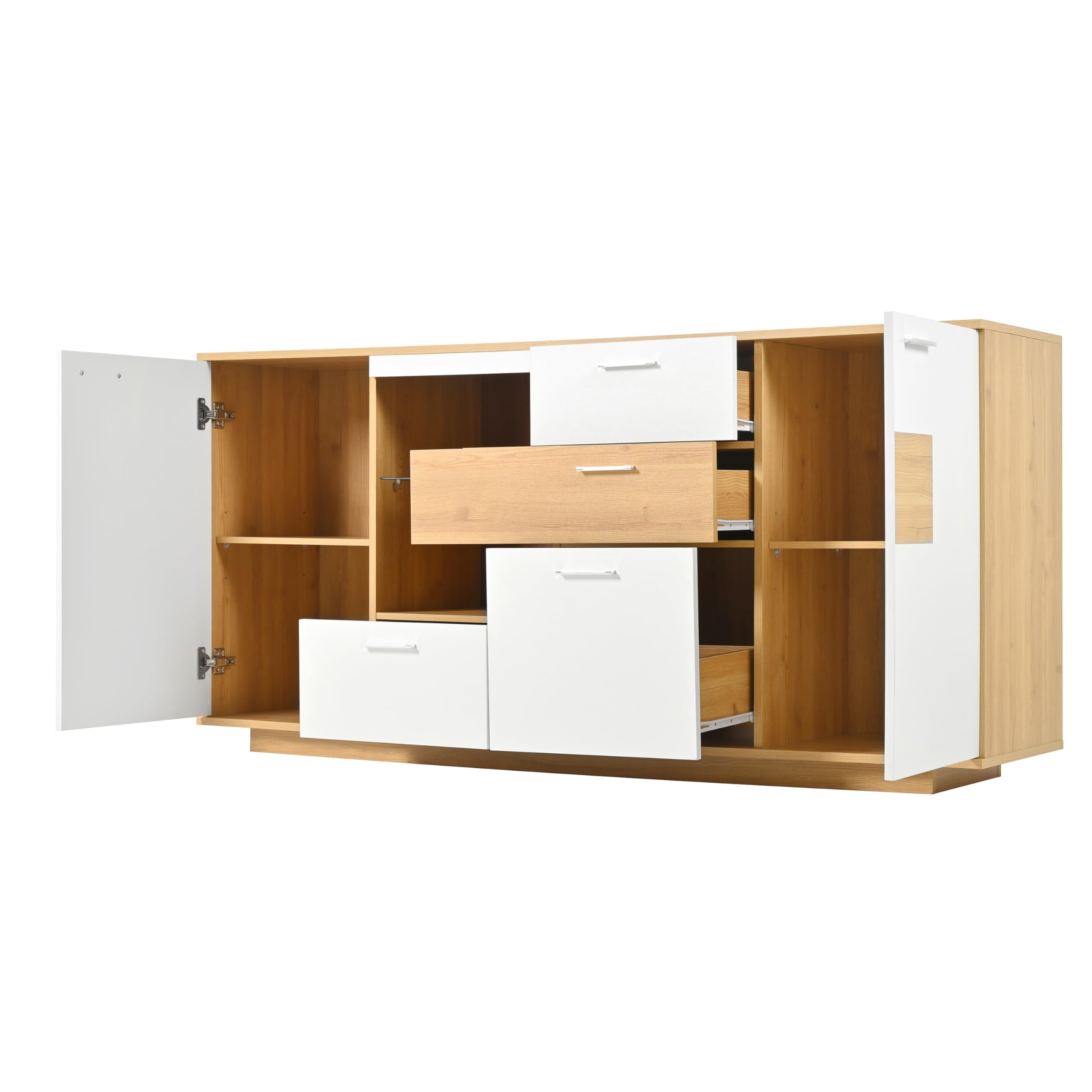 LAKFEW Aparadores para Salon con LED y Estante de Cristal, Aparador Salon con 4 Cajones y 2 Puertas, Aparador Entrada, Muebles de Salon Mueble Auxiliar Salón, 160x40x77 cm, Color Madera+Blanco