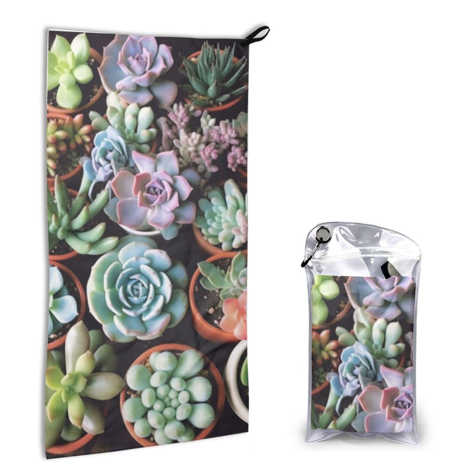 BWWHCCTI Quick Dry Hand Towel With Bag - Cute Succulents Printed Super Absorbent Face Cloth Microfiber Travel Sports Towels 40x80cm