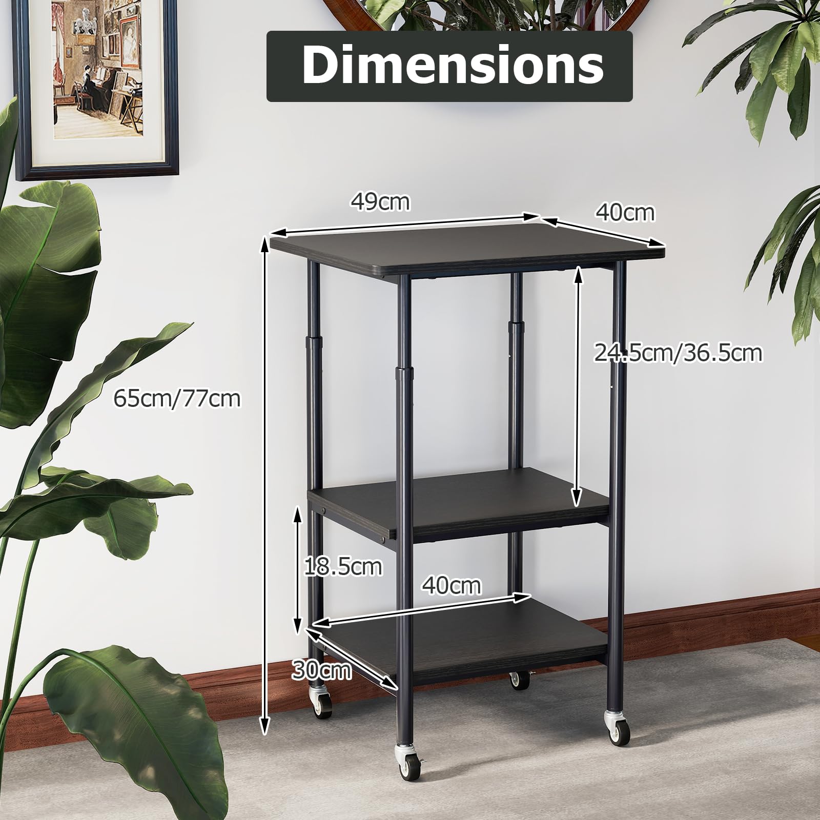 SOARS Supporto per Stampante a 3 Livelli, Tavolino Porta Stampante con Ruote Bloccabili e Altezza Regolabile, per Stampante 3D, Scanner, Fax, per Studio e Ufficio, 49 x 40 x 65/77 cm (Nero)