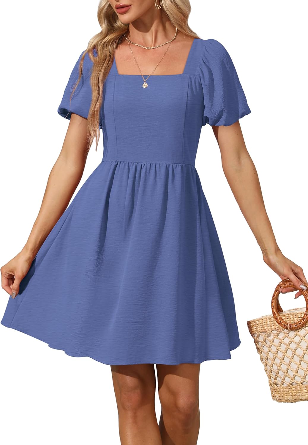 OFEEFAN Women Puff Sleeve Square Neck Tie in Back Dresses with Zipper