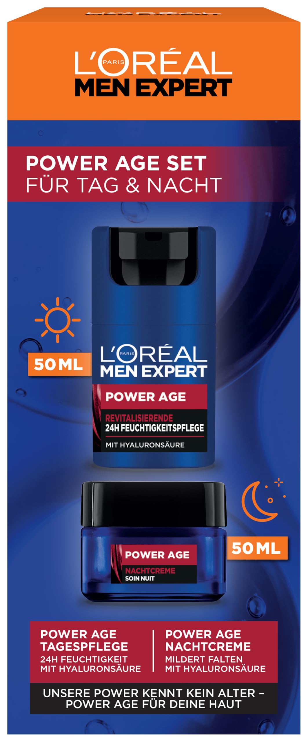 L'Oréal Men Expert Pflegeset gegen Falten für Männer, Geschenkset mit Anti-Aging Tagescreme und Nachtcreme gegen matte Haut, Geschenke für Herren mit Hyaluronsäure, Power Age, 2 x 50 ml
