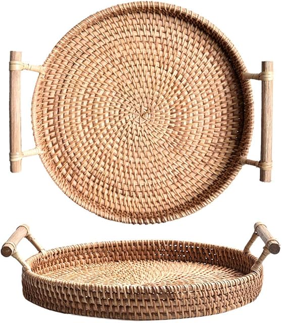 Rattan Round Serving Tray, Hand-Woven Serving Basket with Wooden Handles (12.6 inch / 32cm)