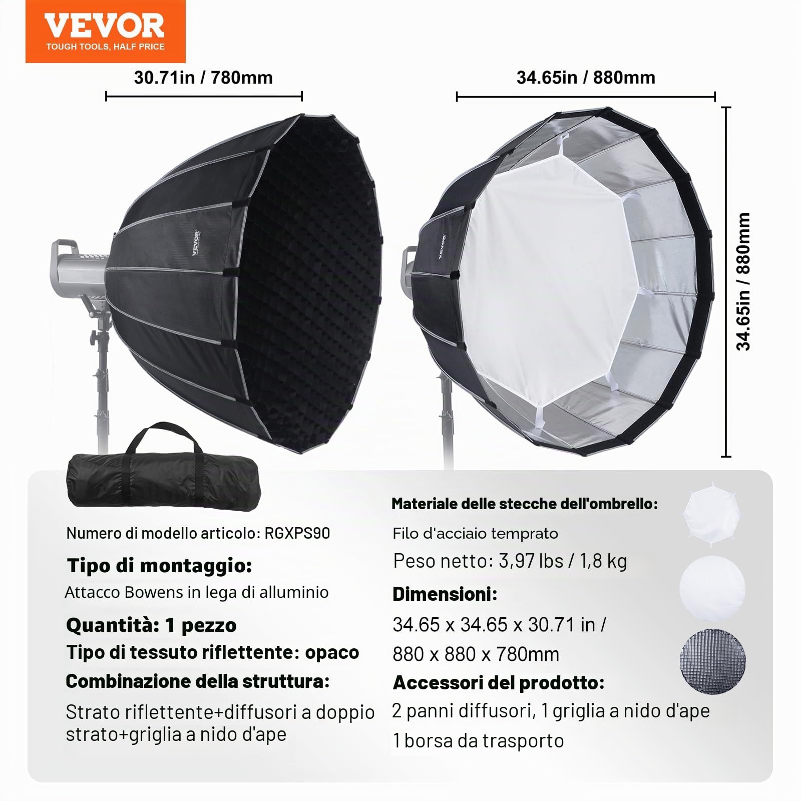 VEVOR Softbox Parabolico 33 pollici / 850 mm Sgancio Rapido Piegatura Rapida Leggero Portatile Attacco Bowens Universale, 4 Effetti di Illuminazione, Adatto per Fotografia Studio Fotografico