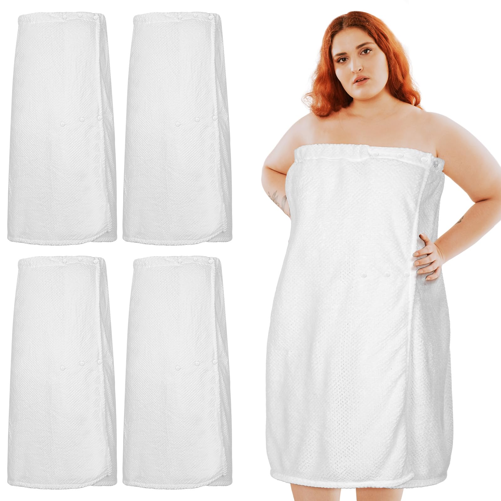 Tigeen 4 Pcs Spa Wrap Towel Wrap for Women Spa Robe with Adjustable Closure Elastic Top Lightweight Wraps for Bath Shower(L-XL,White)