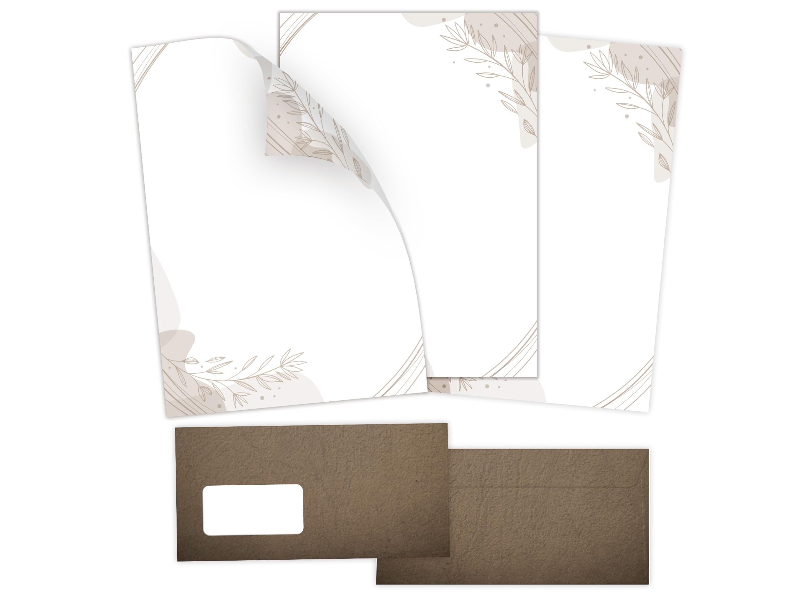 Briefpapier-Set 250 Briefbögen DIN A4 + 250 Kuverts DIN-lang mit Fenster haftklebend - Papier beidseitig bedruckbar Geburtstag Jubiläum Hochzeit Menükarte Geschenk - braun natürlich modern