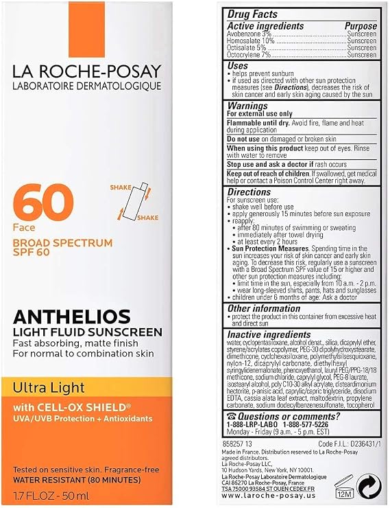Anthelios Light Fluid Facial Sunscreen SPF 60, Lightweight Sunscreen for Face, Fluid Texture, Broad Spectrum SPF