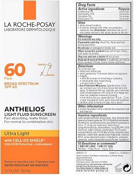 Anthelios Light Fluid Facial Sunscreen SPF 60, Lightweight Sunscreen for Face, Fluid Texture, Broad Spectrum SPF