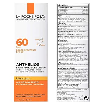 La Roche-Posay Anthelios Light Fluid Facial Sunscreen SPF 60, Lightweight Sunscreen For Face, Fluid Texture, Broad Spectrum SPF + Antioxidants, Oil Free & Oxybenzone Free, Travel Size 1.7 Fl. Oz.