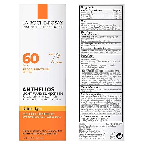 La Roche-Posay Anthelios Light Fluid Facial Sunscreen SPF 60, Lightweight Sunscreen For Face, Fluid Texture, Broad Spectrum SPF + Antioxidants, Oil Free & Oxybenzone Free, Travel Size 1.7 Fl. Oz.