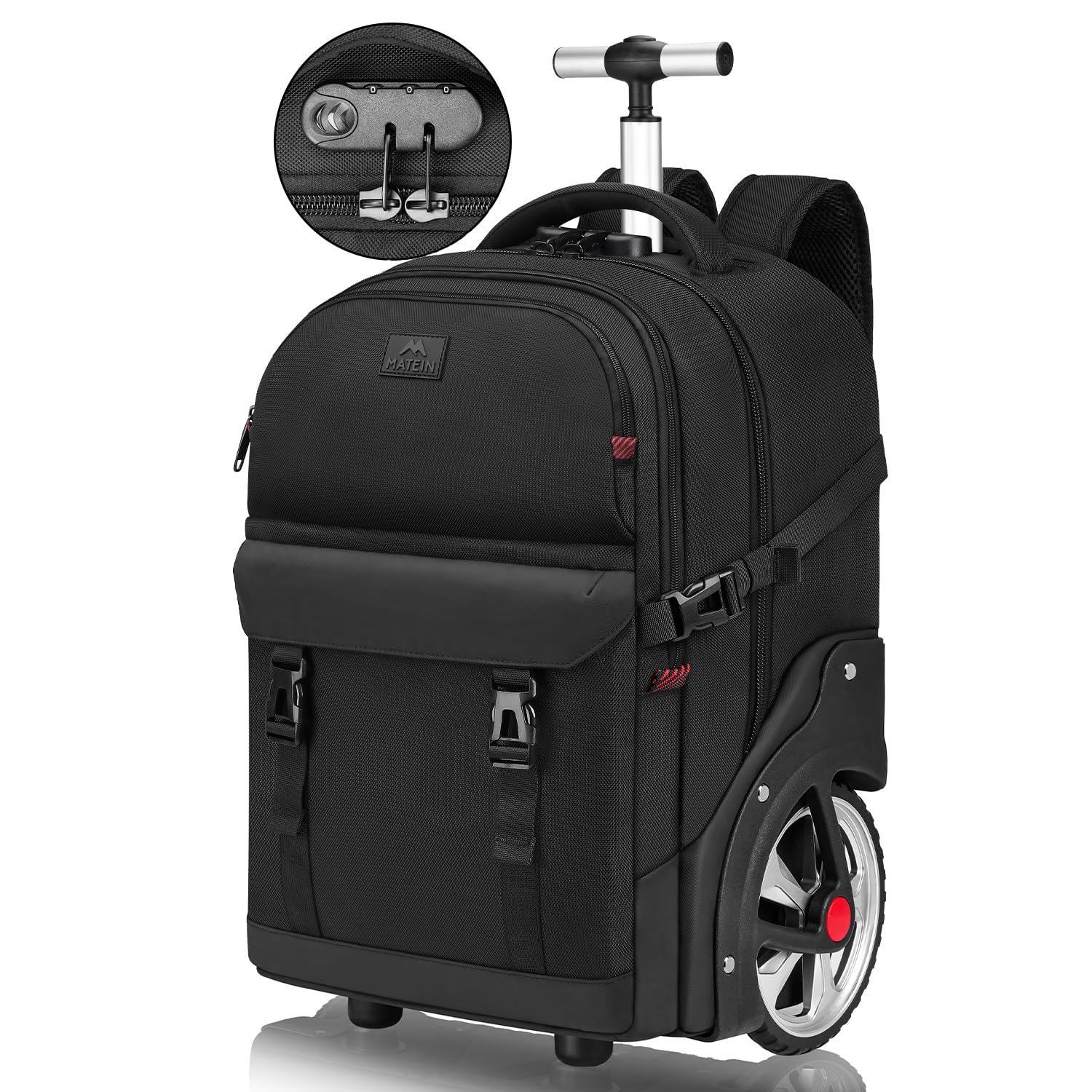 MATEIN Zaino Trolley, Zaini Bagaglio a Mano con Ruote, Zaino Porta PC 17 Pollici, Impermeabile e Antifurto Zaini Viaggio con Rotelle per Uomo, Donna, Scuola, Università, Affari, Nero