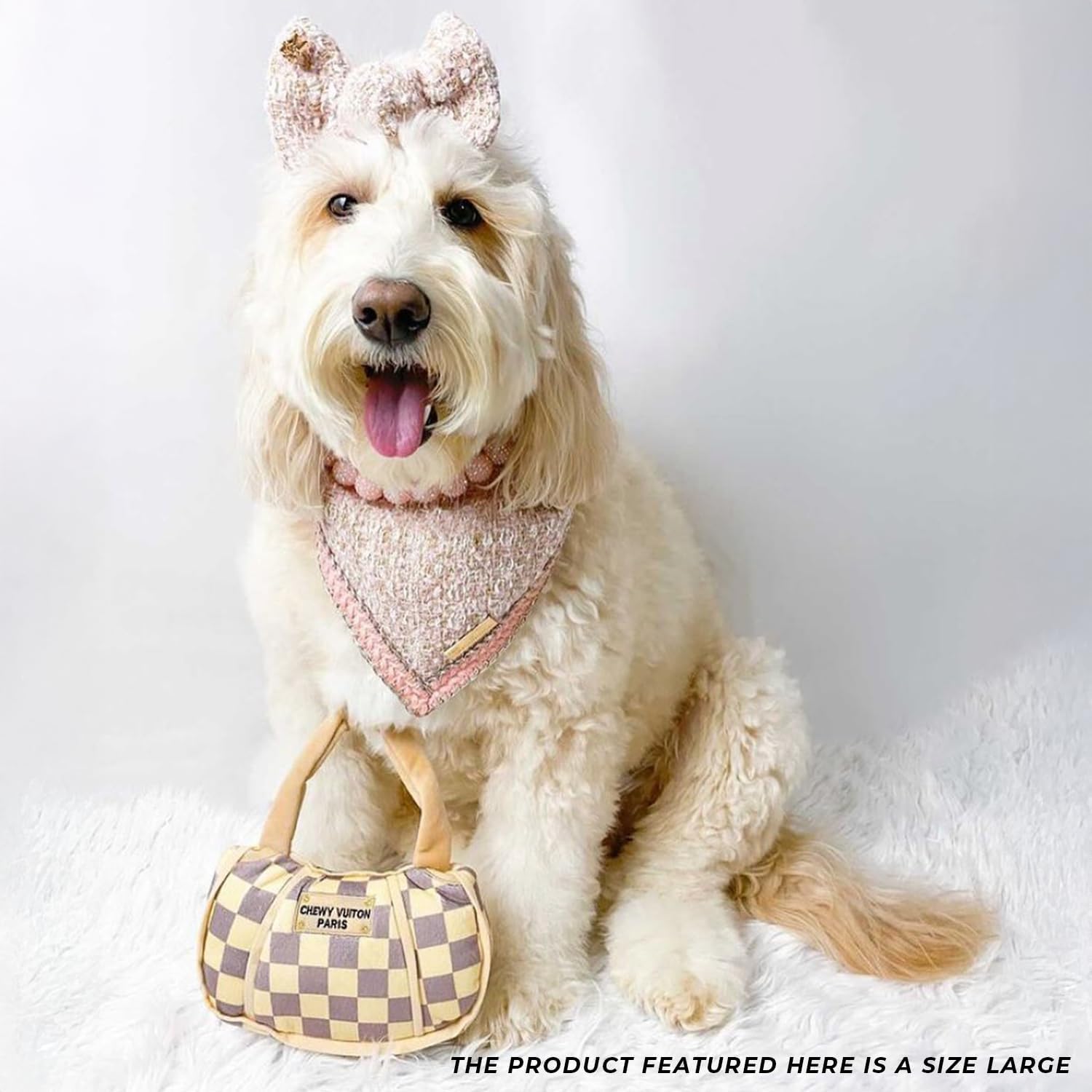 Haute Diggity Dog Chewy Vuiton Handbag Plush Squeaky Dog Toy, Soft Durable Designer-Inspired Stuffed Puppy Chew Toys for Small, Medium & Large Dogs, Machine-Washable (Tan Checker) XL