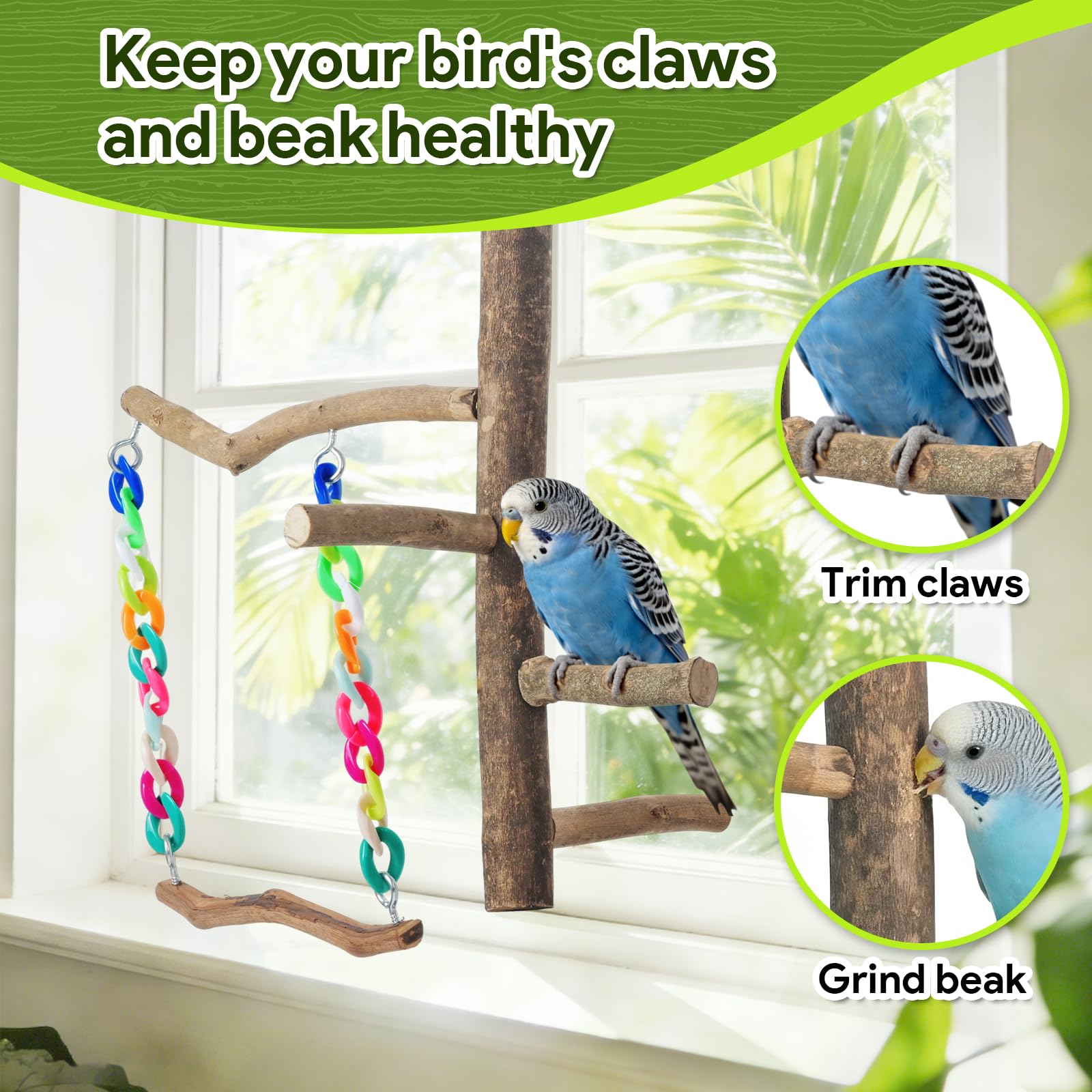 Juguetes para pájaros, juguetes de columpio para pájaros con soporte de perca, accesorios de jaula para periquitos, cacatúas y otros pájaros pequeños