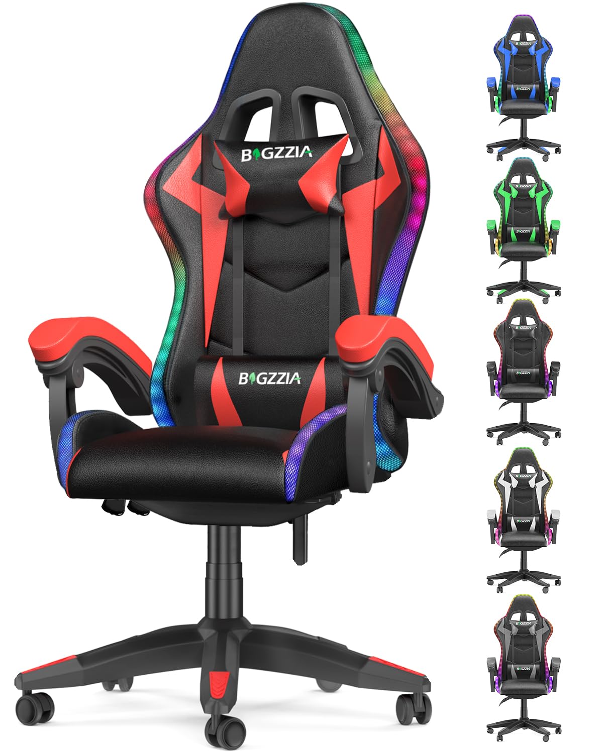 bigzzia Silla Gaming Ergonómica con Luces LED, Altura Regulable, Apoyo Lumbar y Reposacabezas, Respaldo Inclinable hasta 155°, Utilización RGB, Rojo