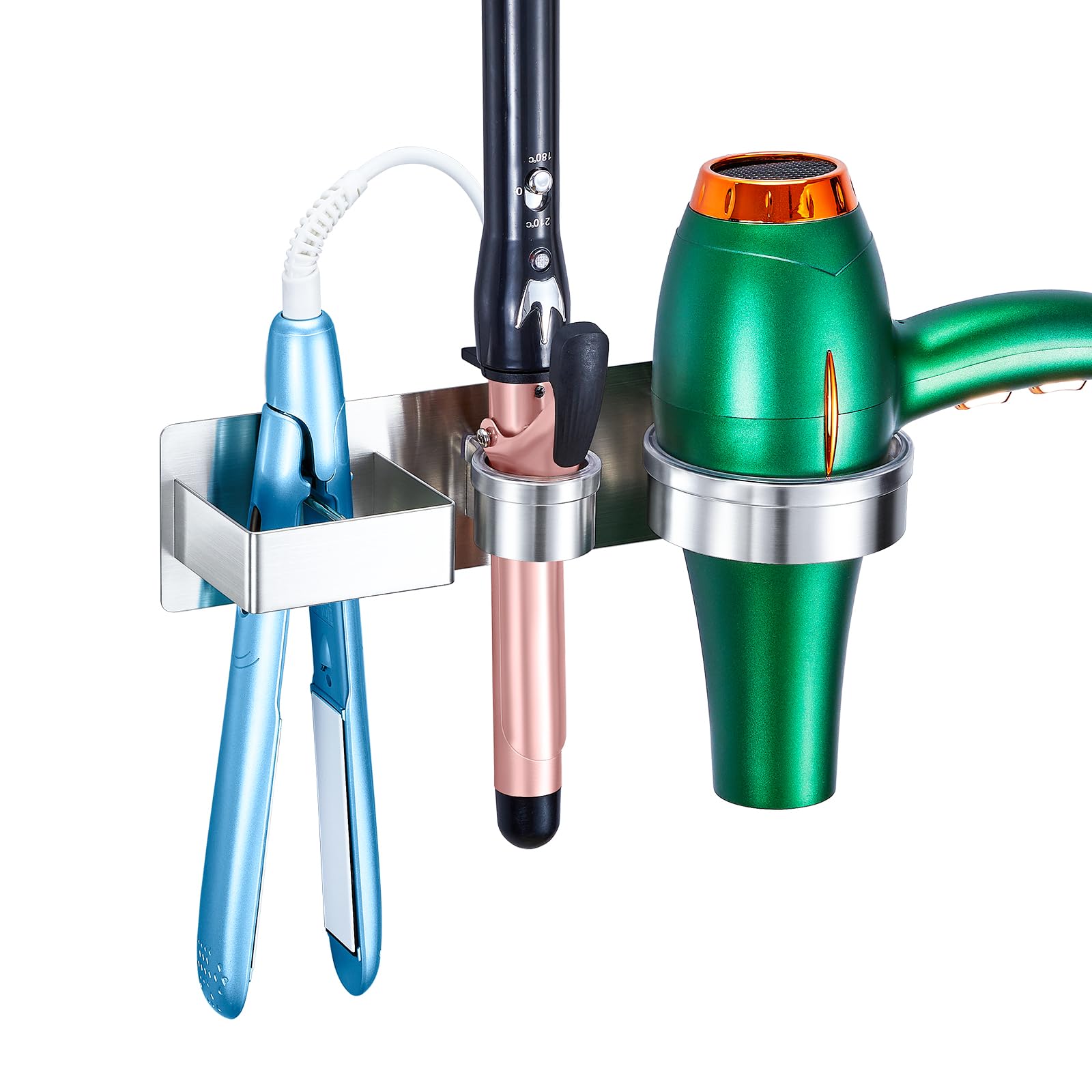 XILIMOR Föhn und Glätteisen Halterung, Fönhalter Ohne Bohren, 3-in-1 Fönhalterung Bad Haartrocknerhalter Wandhalterung Föhn Halterung Für Glätteisen, Lockenstab, Fön Aufbewahrung Föhnhalter (Silber)