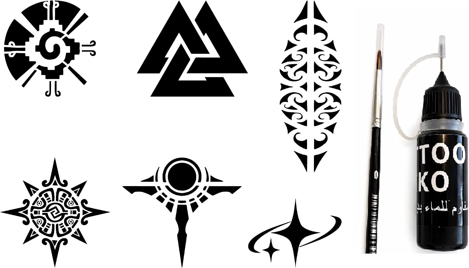 Viking Tribal Likit Kalem Uçlu Siyah Geçici Dövme Seti Fırça ve Şablon Hediyeli
