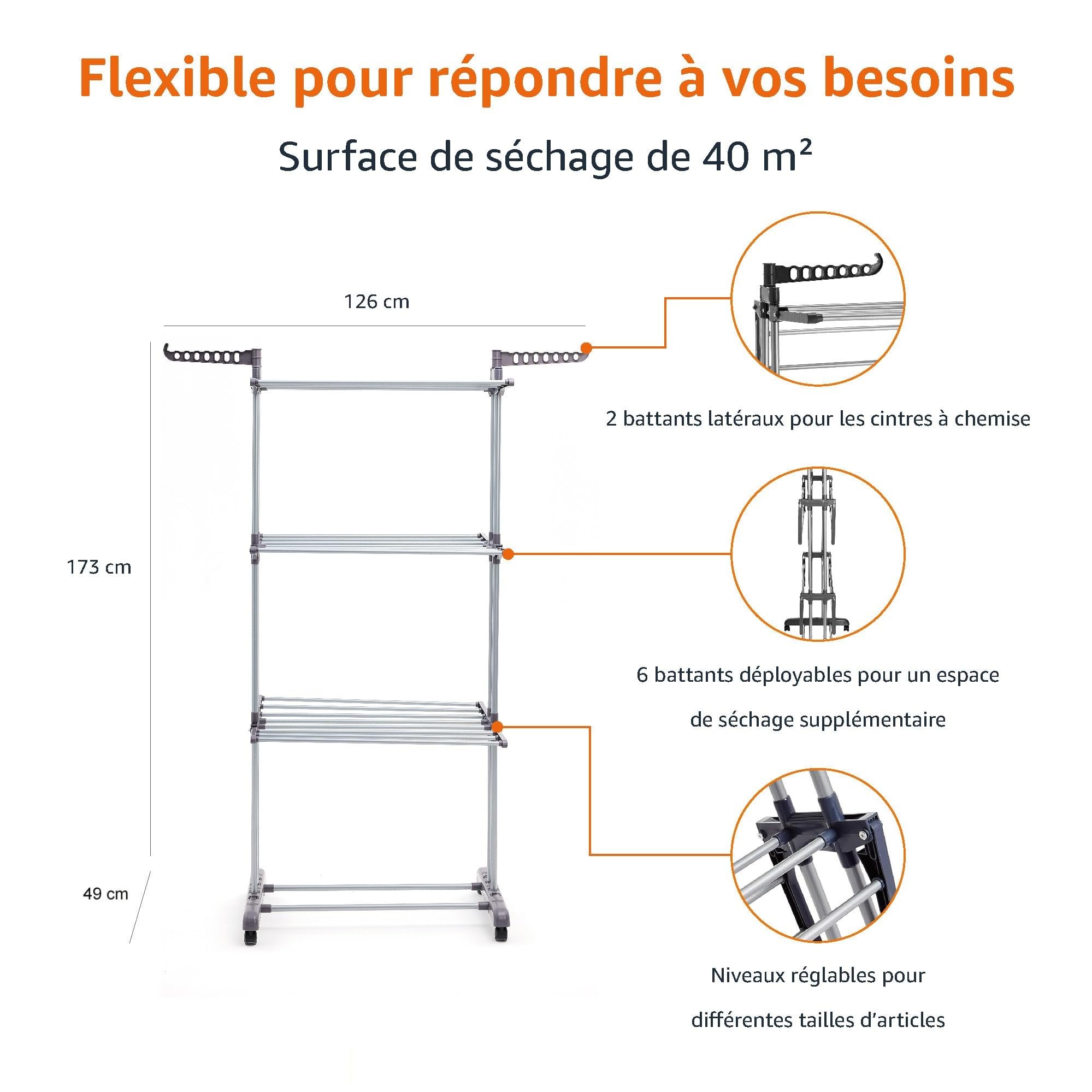 Amazon Basics Séchoir à Linge Intérieur, à Ailes Pliables, à 4 Niveaux, 72,9 à 126 x 64 x 173 cm (L x L x H), Argenté, pour Vêtements
