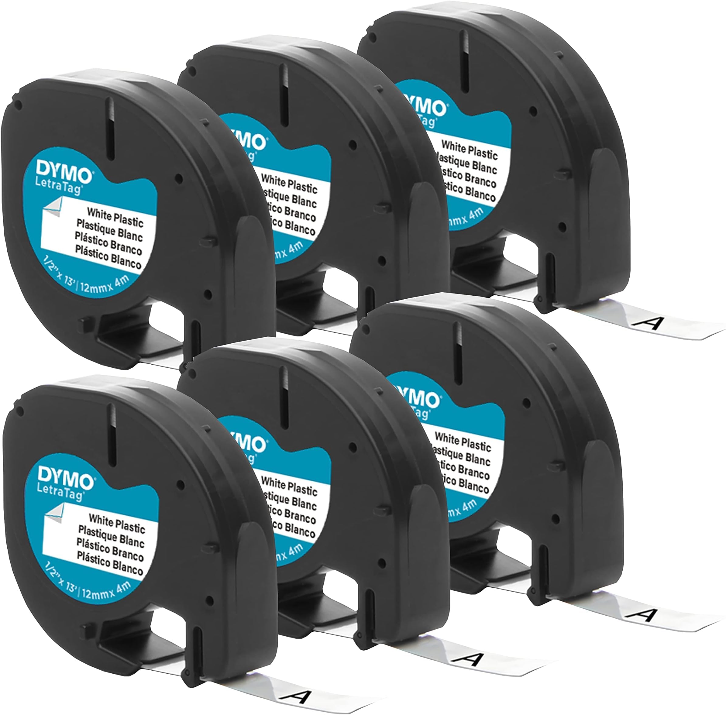 DYMO Authentic LT Plastic Labeling Tape for LetraTag Label Makers,1/2" (12mm),Black Print On White Tape,(Pack of 30)