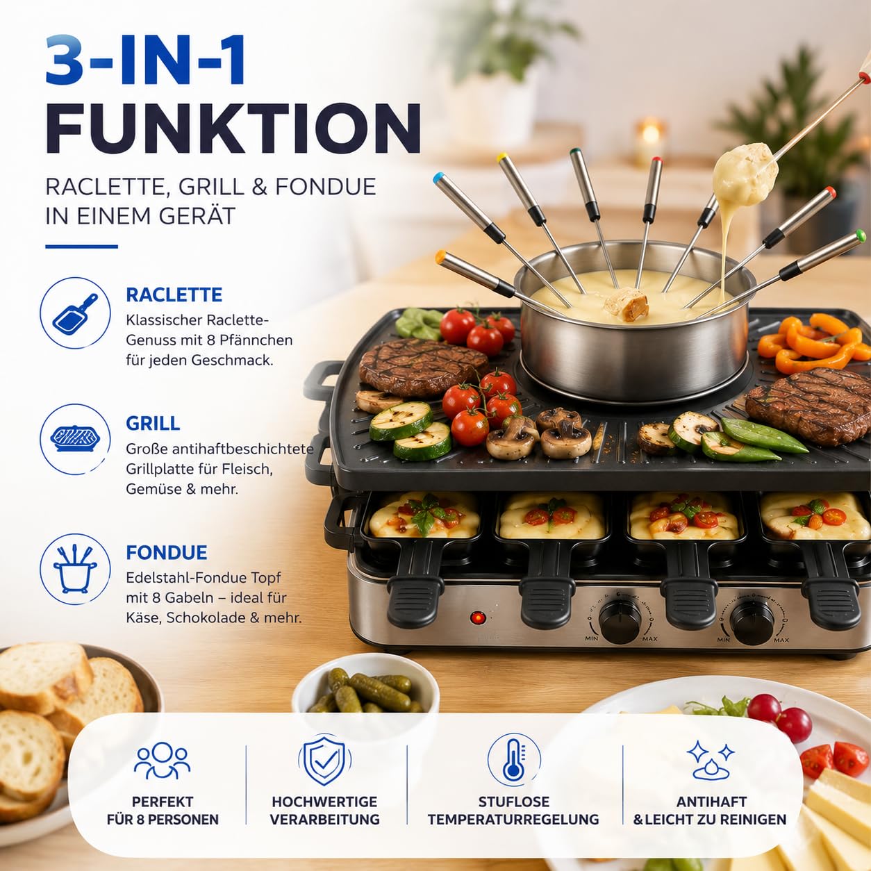 Appareil à raclette pour 8 personnes - Avec plaque de cuisson et fonction plaque de pierre - Barbecue de table avec poêlons et grattoir