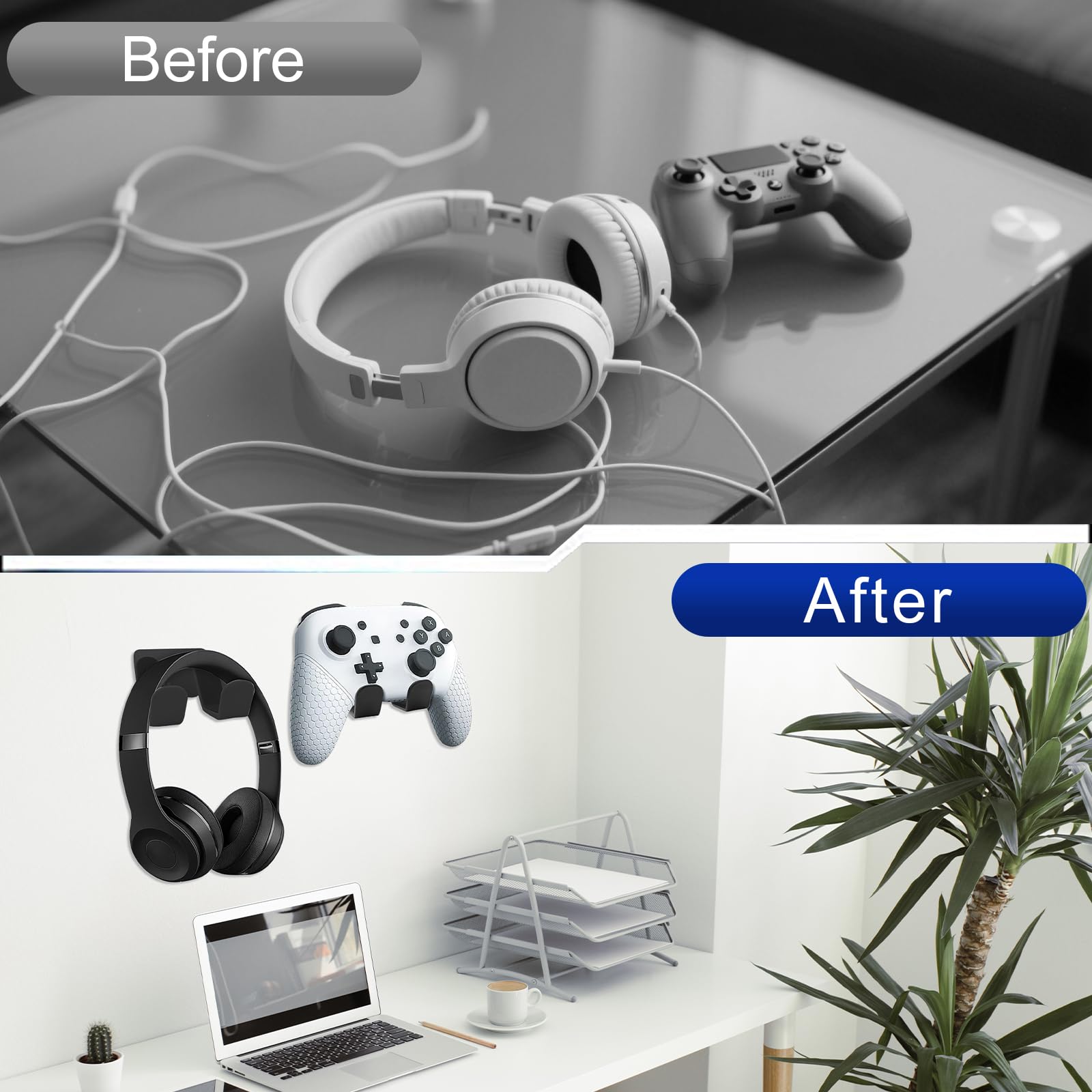 Babotech Controller wandhouder, set van 2, headsethouder, universele controllerhouder voor PS3/PS4/PS5/Xbox/Pro controller, zonder boren, wandhouder voor controller en hoofdtelefoon