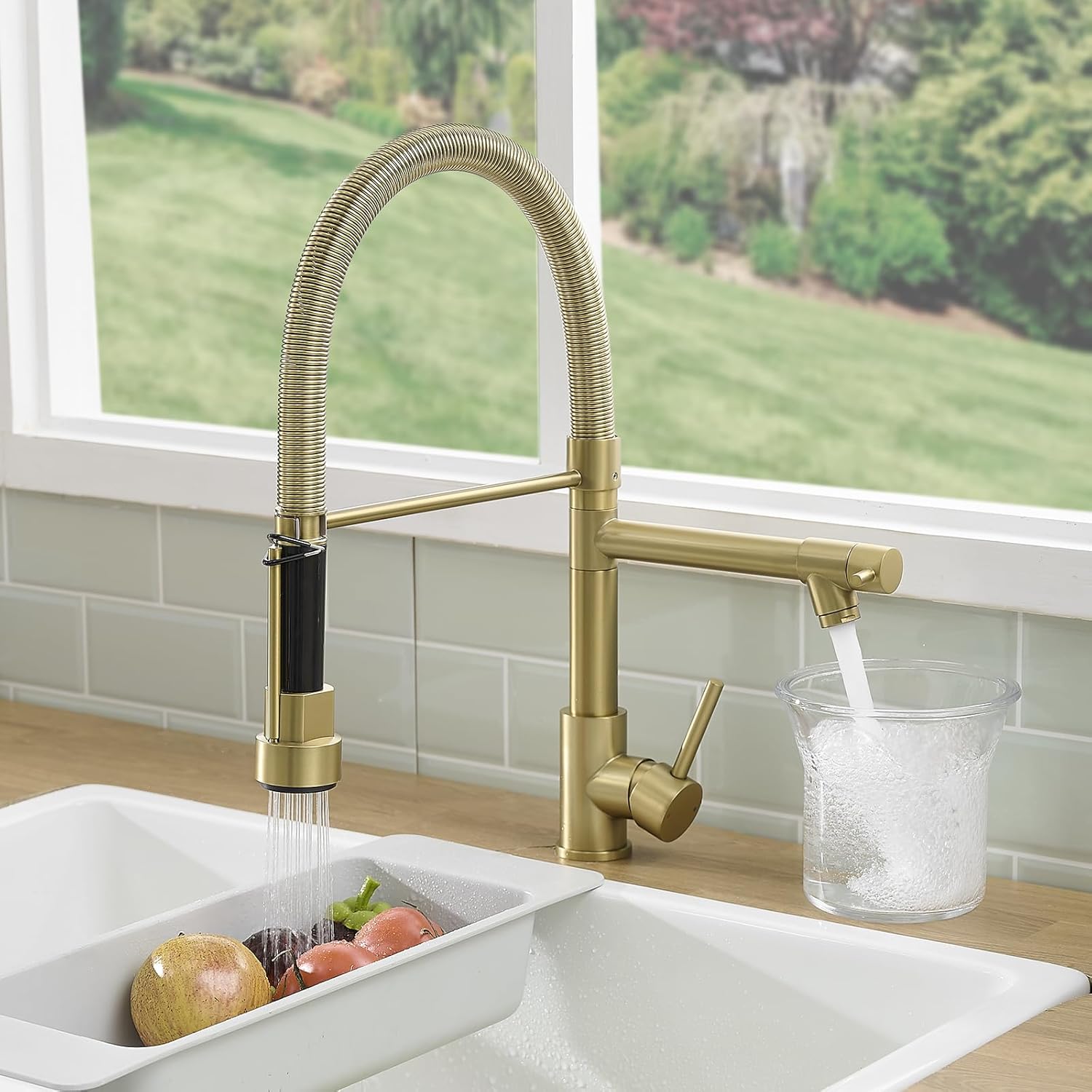 Fapully Commercial Pull Down Kitchen Faucets with Sprayer,Single Handle Spring Brushed Gold Kitchen Sink Faucet - Image 2