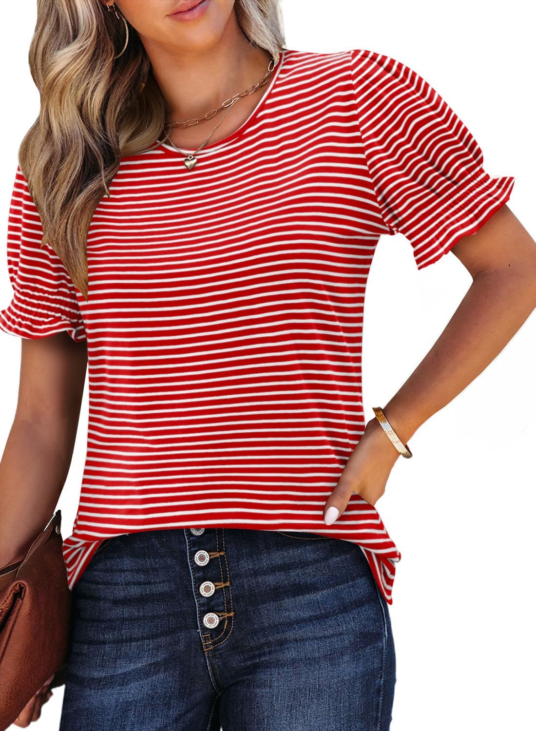 CRAZY GRID Women's Summer Tops Ruffle Short Sleeve 2026 Casual Knit Loose Fit T-Shirt - Image 5