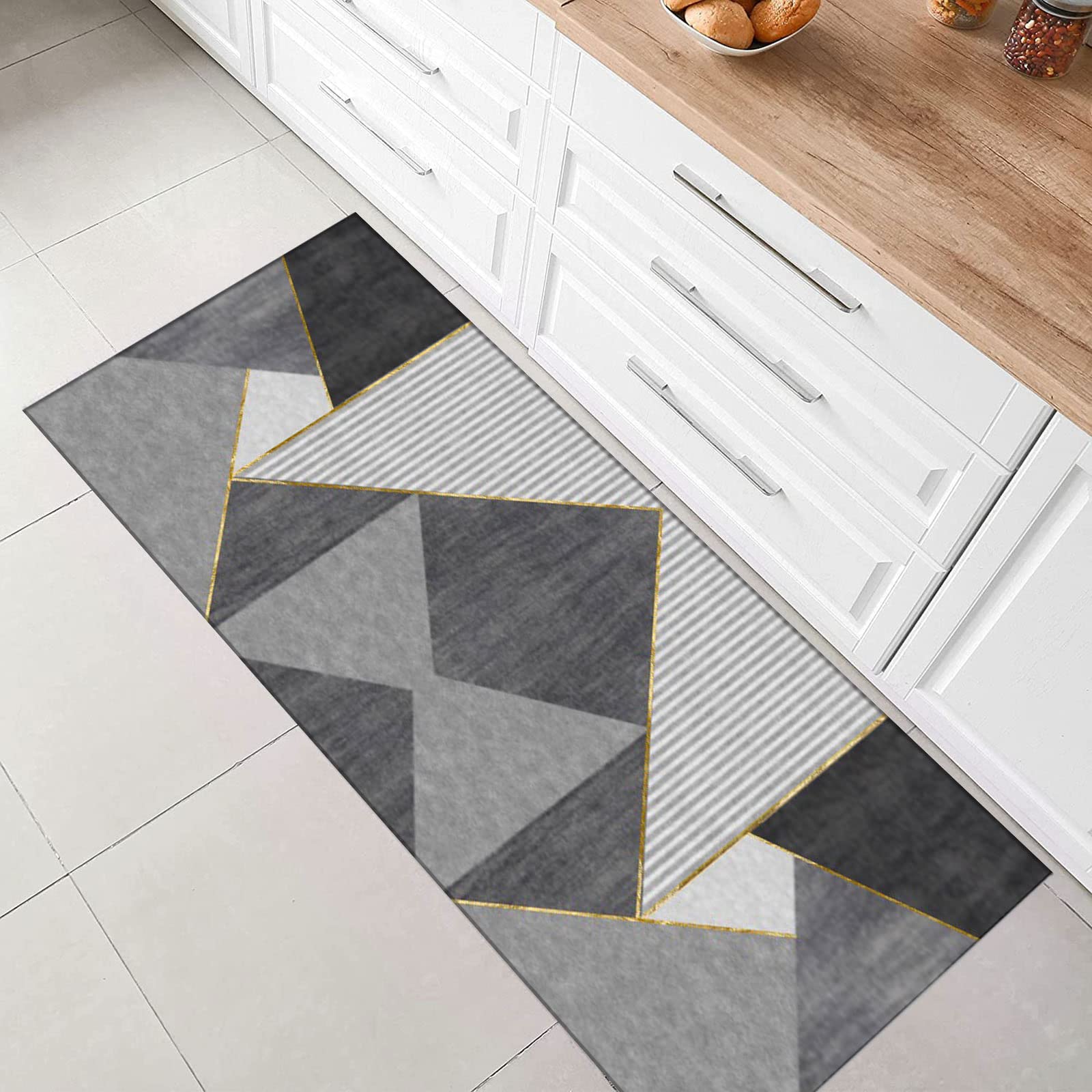 Läufer Teppich Flur Wohnzimmer rutschfest Modern Geometrisches Design Vielseitiger Teppich für Küchenräume