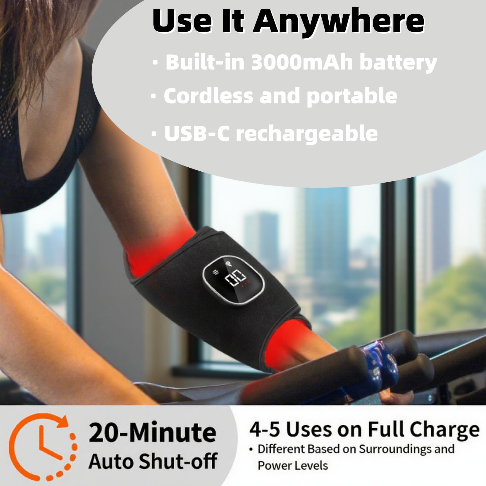 Ceinture de luminothérapie rouge sans fil Warmforwel pour pieds, mollets, genoux et bras, double longueur d'onde 660 nm et 850 nm, 64 LED, écran tactile, 5 modes, rechargeable par USB-C, sangle réglab