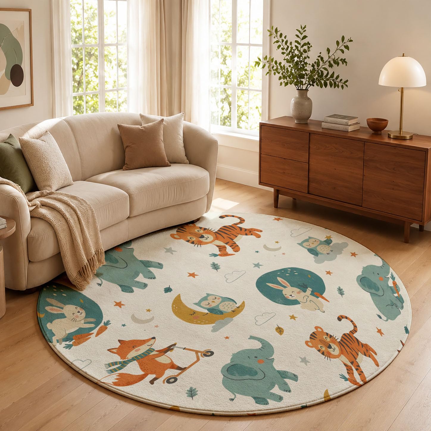 Tapis Chambre Enfant Rond Lapin, Éléphant, Lune - 120cm Antidérapant, Doux à Poils Courts Animaux Nocturnes De La Forêt Moquette Décoration pour la Chambre, Salle de Jeux, Blanc Cassé