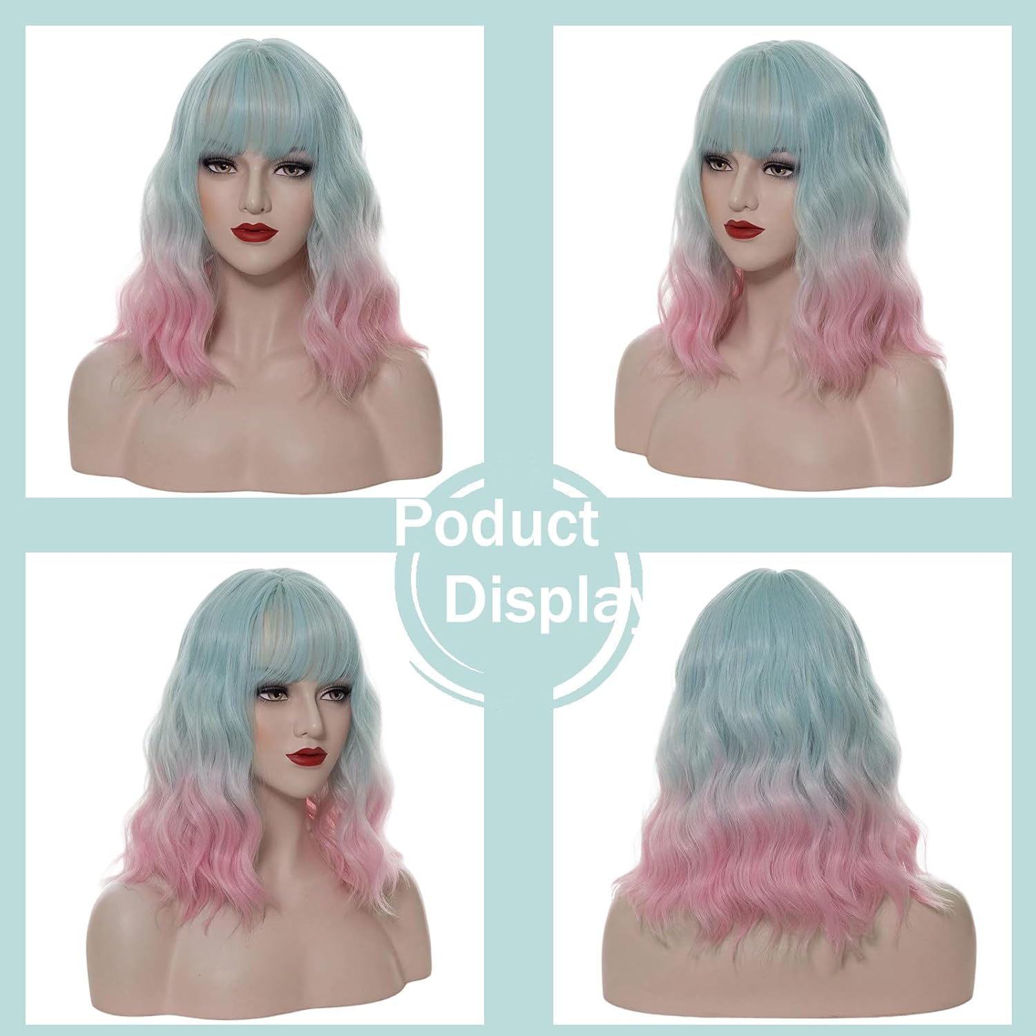 BUFASHION 14" Women Short Ombre Mint Green Pink Wavy Curly Bob Wig Heat Resistant Synthetic Wig Halloween Cosplay Daily Party Wigs With Neat Bang With Free Wig Cap (Ombre Mint Green Pink)