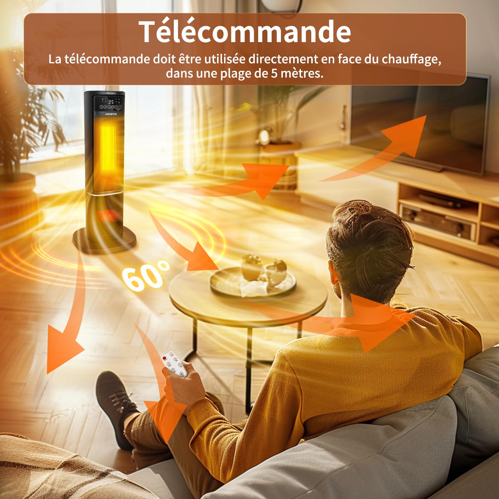 Aigostar Radiateur Électrique 2 en 1 – Chauffage 2000W + Ventilateur, Céramique PTC, Flamme 3D, 5 Modes (Hiver/Été), ECO, Silencieux, Minuterie 24H, Télécommande – pour Chambre, Bureau